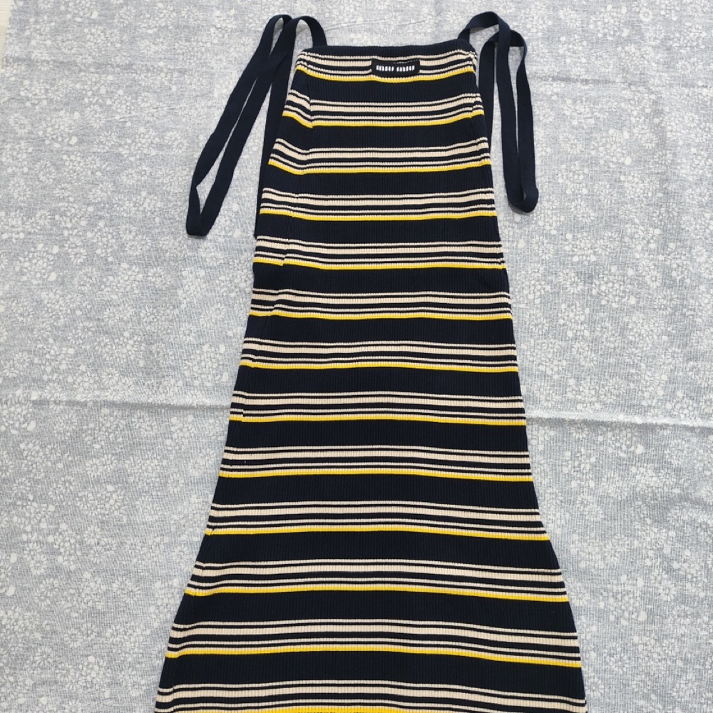 Miu Miu Navy, Yellow & Cream Striped Midi Tie-Shoulder Dress